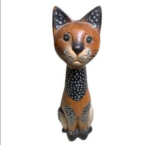 Vintage Wooden Cat Statue Metal Carved